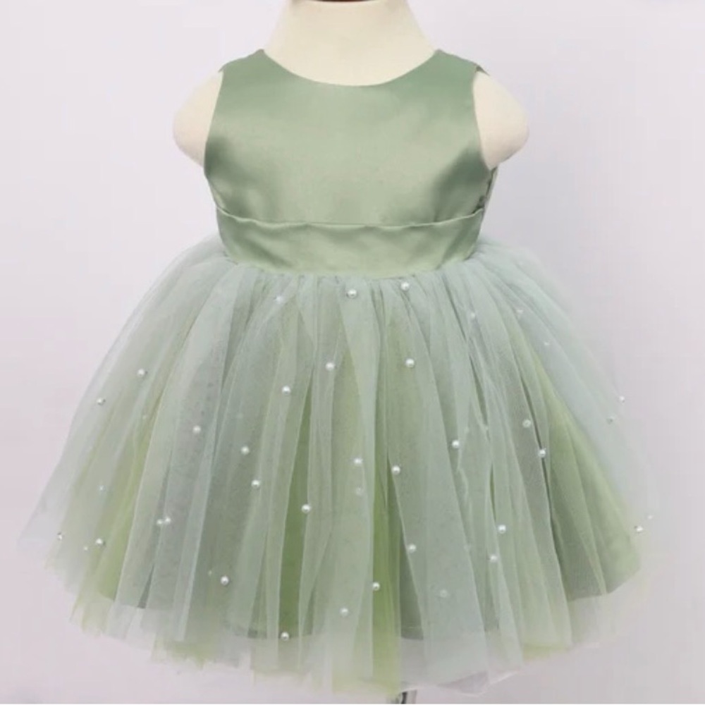 Green Tulle Toddler Dress w/ Pearls & Oversized Bow 12M Birthday Party Girl